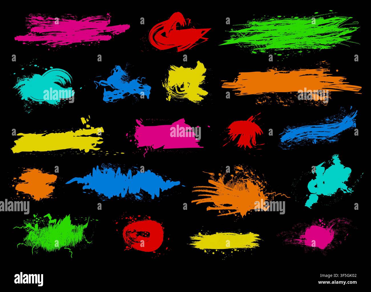 Colored ink splash spots big set isolated on black background. Art brushes pack. Vector illustration Stock Vector