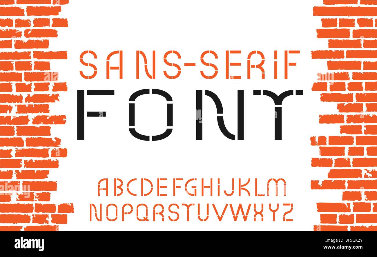 Orange sans-serif modern font on old brick wall background. Vector illustration Stock Vector