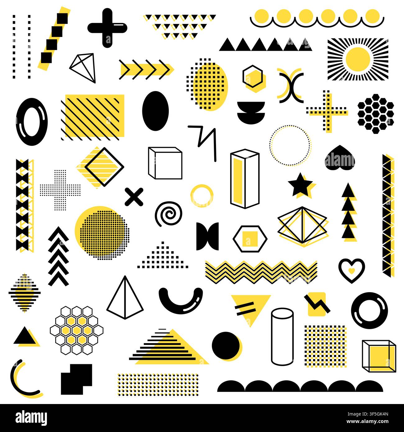 Mega pack of black and yellow geometric shapes isolated on white background. Memphis design graphic unique elements. Retro and modern simple objects f Stock Vector