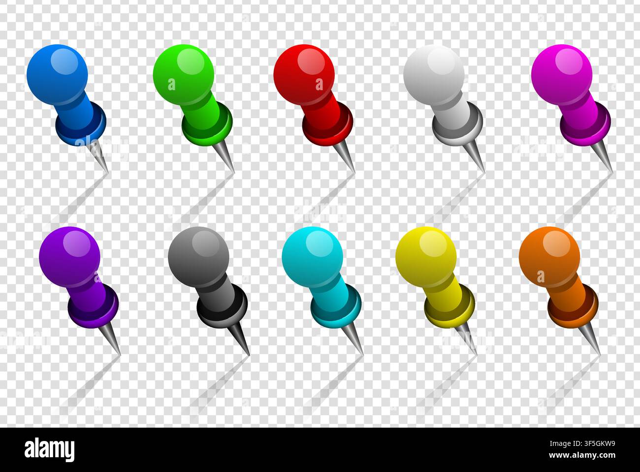 Set of realistic color metal pins whith shadow isolated on white. Vector illustration Stock Vector