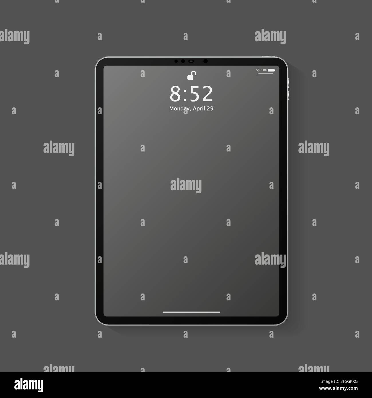 Realistic tablet computer mockup with transparent empty lock screen. Modern tablet PC template design isolated on dark grey background. Vector Illustr Stock Vector