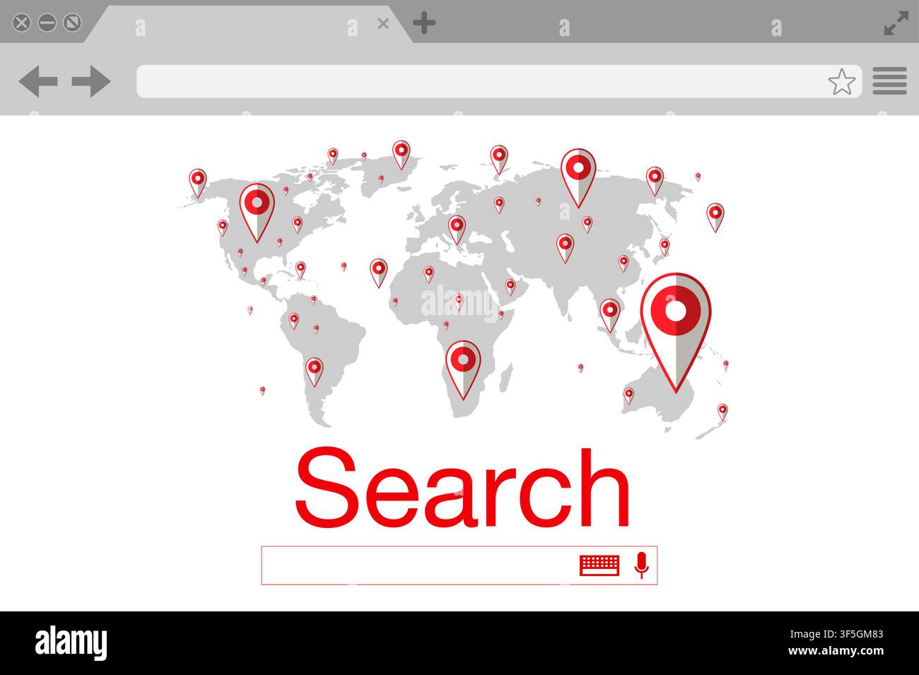 Flat style browser search engine. World map with pins. Vector stock illustration Stock Vector