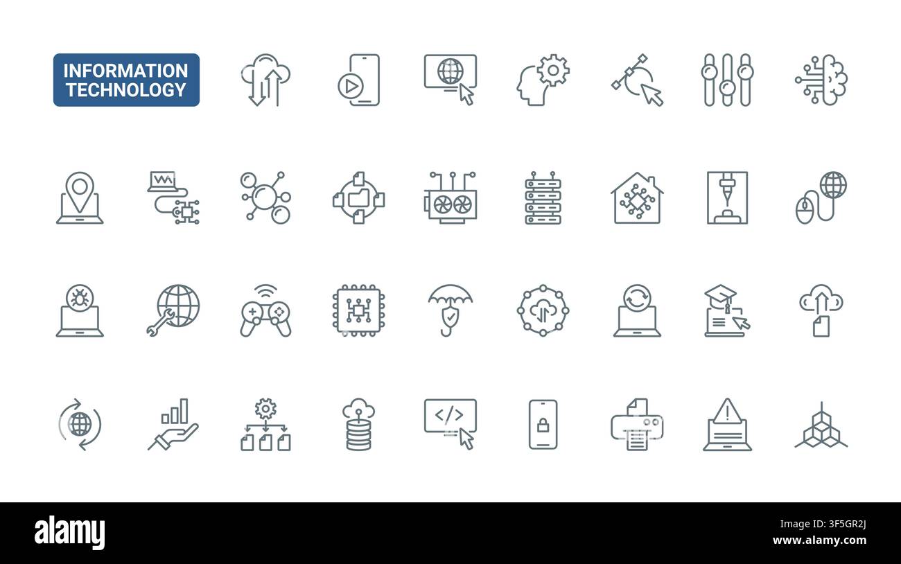 Information technology symbols for cloud services, cybersecurity, coding, networking, automation and digital communication workflows black line icons set vector illustration Stock Vector