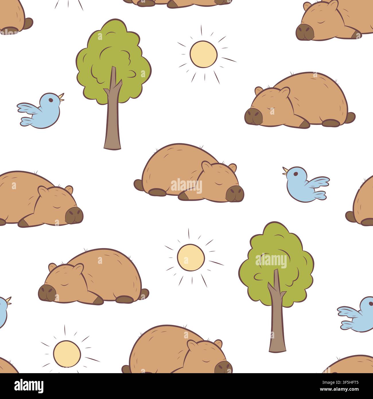 Vector seamless pattern sleeping capybaras and forest nature Stock Vector