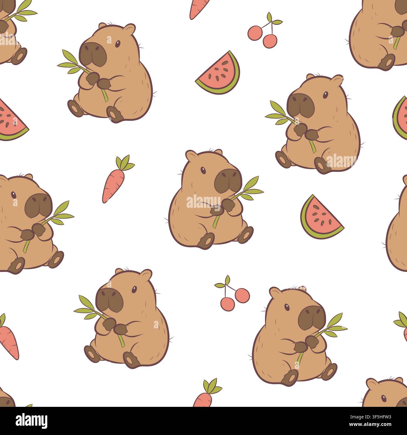 Vector seamless pattern capybaras and summer fruits Stock Vector