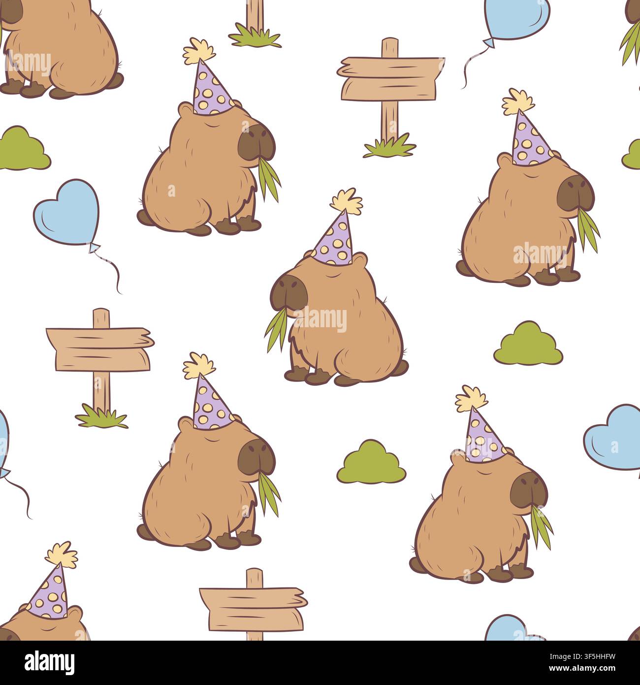 Vector seamless pattern birthday capybaras and party decorations Stock Vector