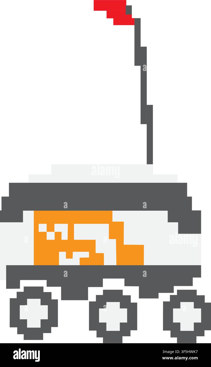 Pixel Art Space Mars Rover with Red Flag Icon Stock Vector
