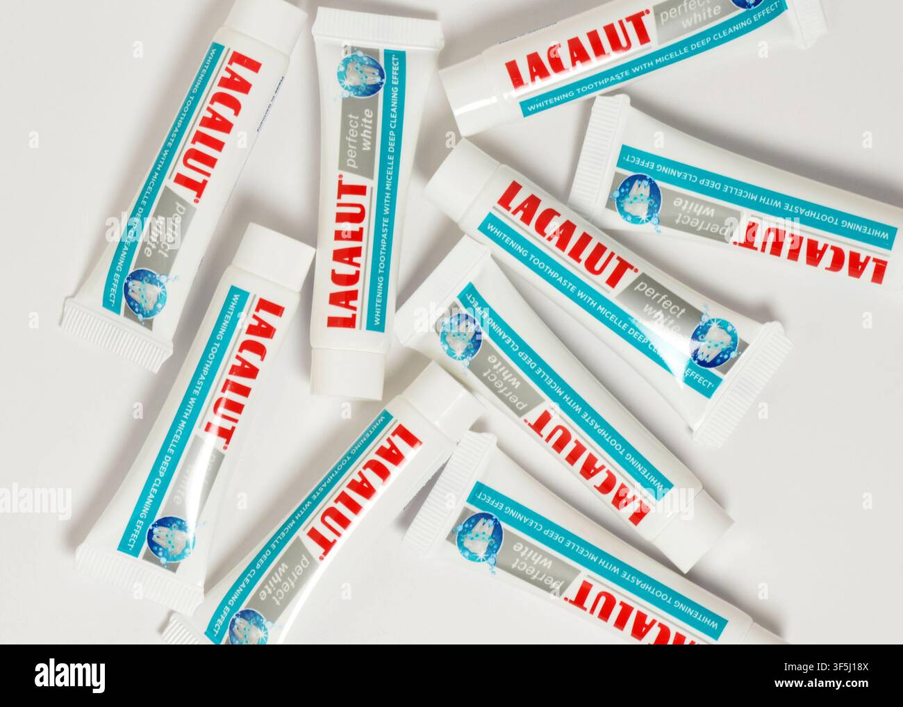 Lacalut toothpaste tubes, top view on white Stock Photo