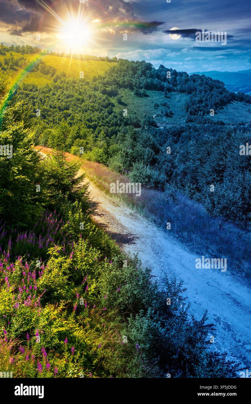 hiking path in carpathian mountains. day meet night. sun and moon over alpine nature of transcarpathia in summer. ukraine mountain landscape for trave Stock Photo
