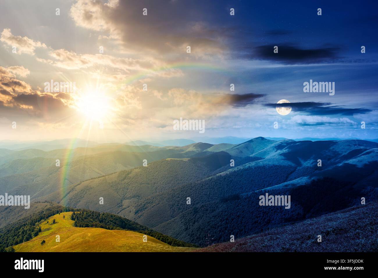 epic mountain landscape in summer. day meet night. travel ukraine background. sun and moon over rolling hill in dappled light. scenic view of borzhava Stock Photo