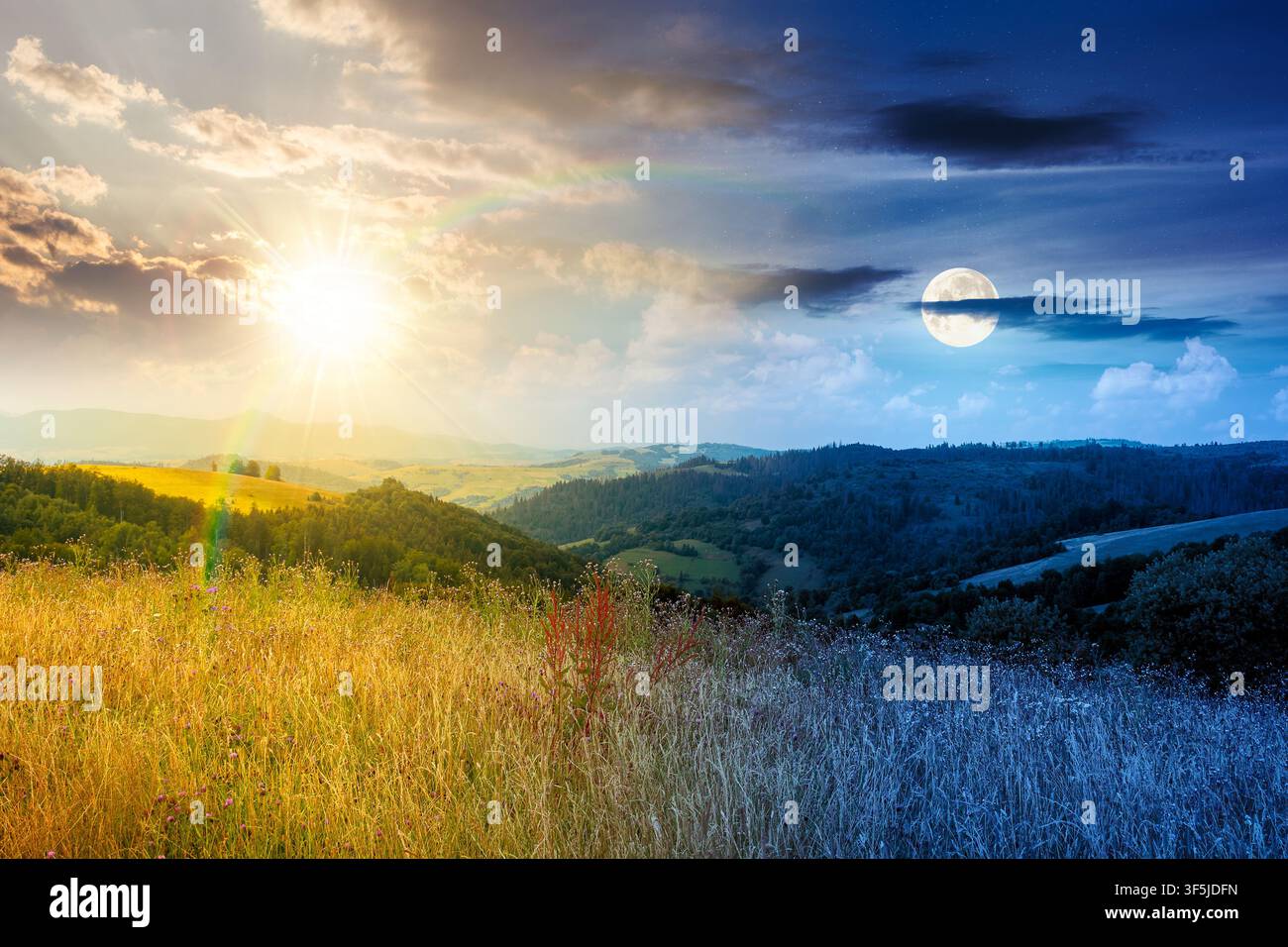 countryside mountain landscape in summer. day meet night. sun and moon over lush grassy pasture on a hill near forest. rural outdoor adventure backgro Stock Photo