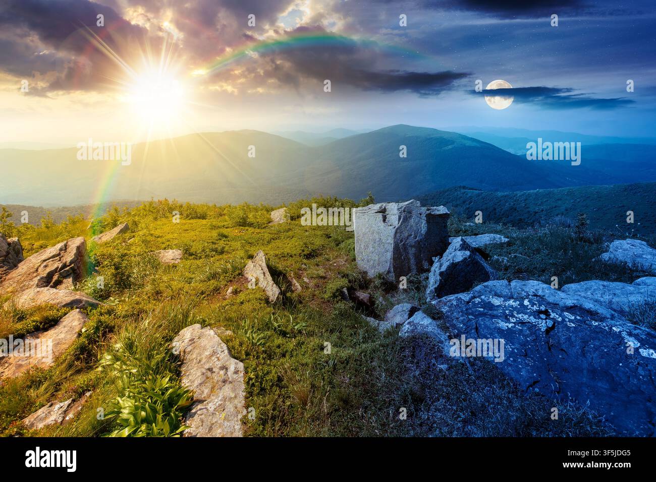 Carpathian mountain landscape on summer solstice. scenic view of Transcarpathia region from the mnt. Smooth. alpine blueberry field with rock on the P Stock Photo
