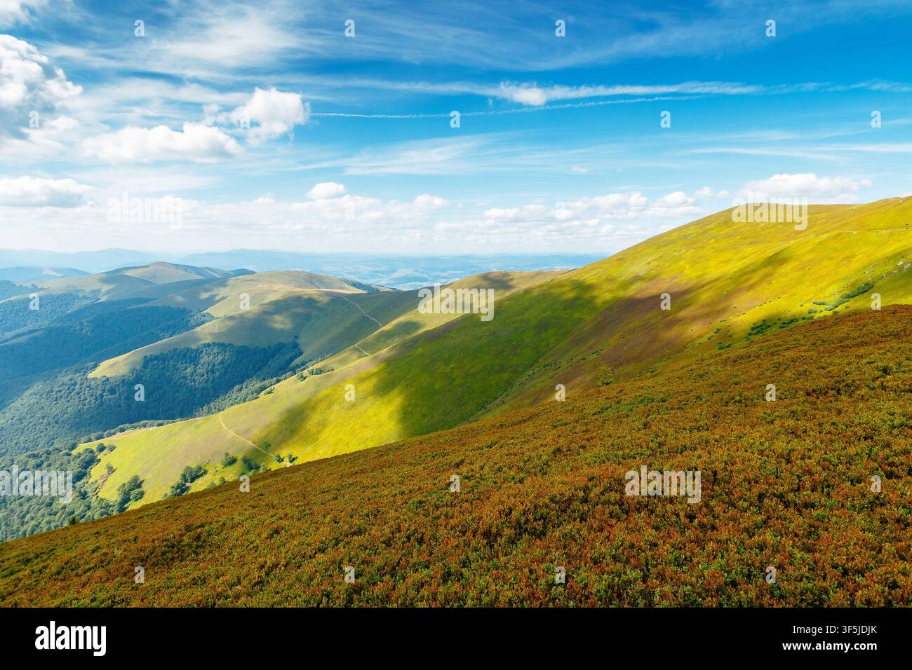 Carpathian mountain landscape in summer. scenic view of Transcarpathia region from Stiy summit. hiking trail through Borzhava range. grassy hill in da Stock Photo
