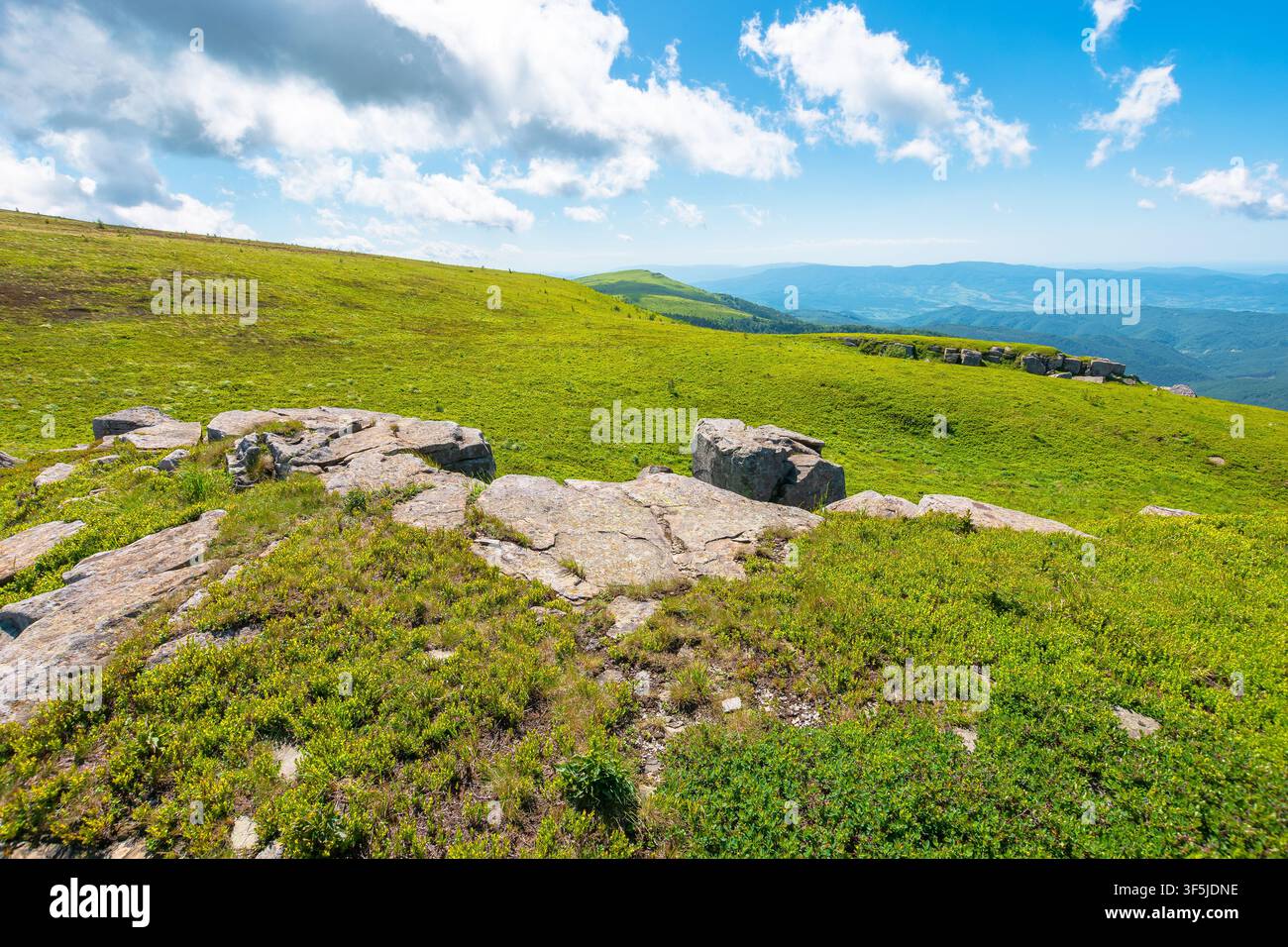carpathian mountain landscape in summer. amazing background for outdoor adventure. transcarpathia green hill with rocks. sunny day with blue sky Stock Photo