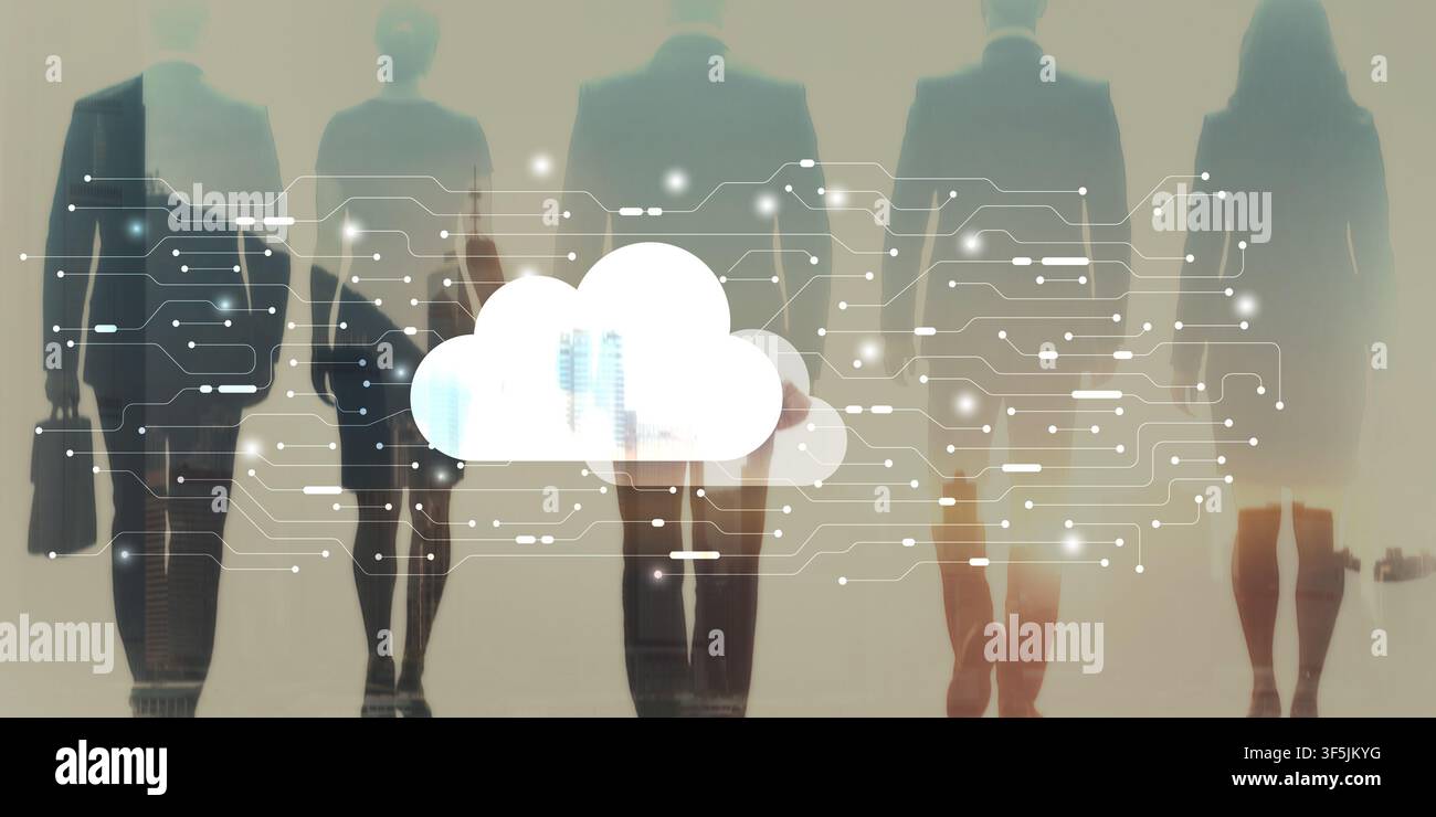 Cloud computing infrastructure for business data storage and enterprise collaboration featuring digital network overlay and professional team Stock Photo