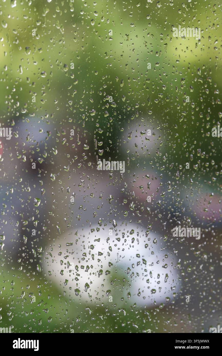 Raindrops on a window pane after a summer rain shower. Stock Photo