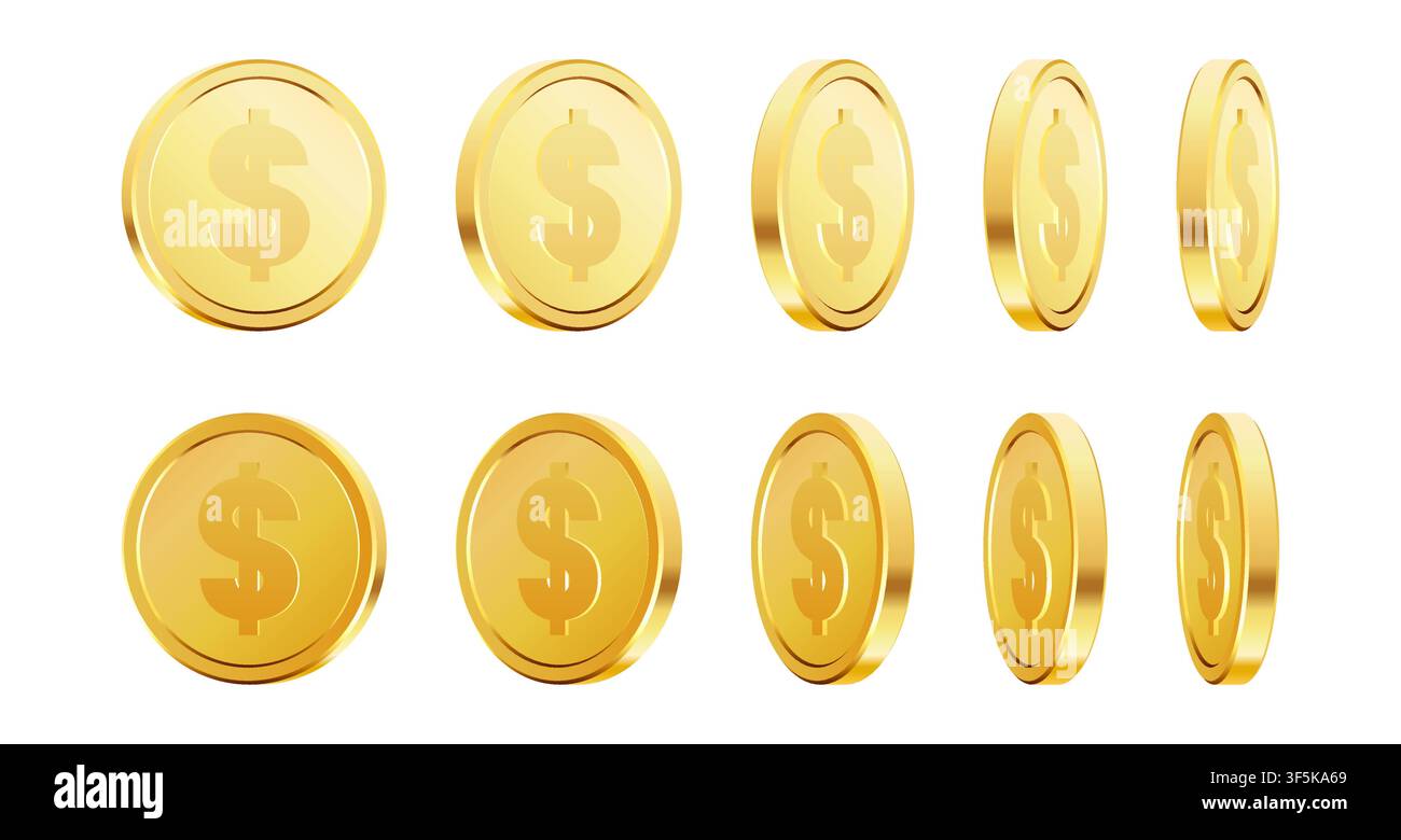 Rotating Gold Dollar Coins Set on Isolated Background Stock Vector
