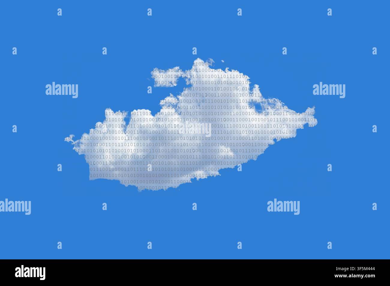 Cumulus cloud with binary data against blue sky. Concept of cloud computing. Stock Photo