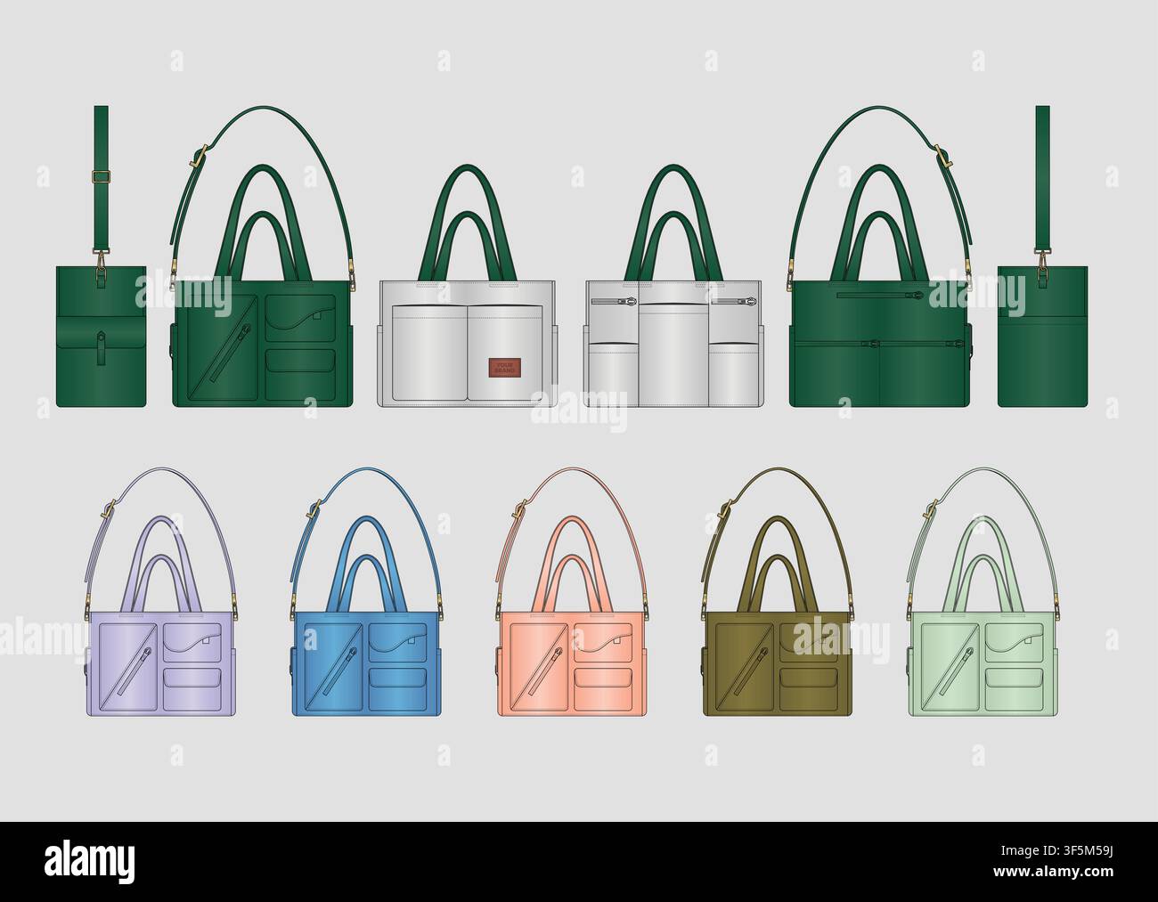 Premium Multi Pocket Tote Handbag Technical Flat Vector Template with Front Back Side Views Adjustable Shoulder Strap Multiple Color Variations Stock Vector