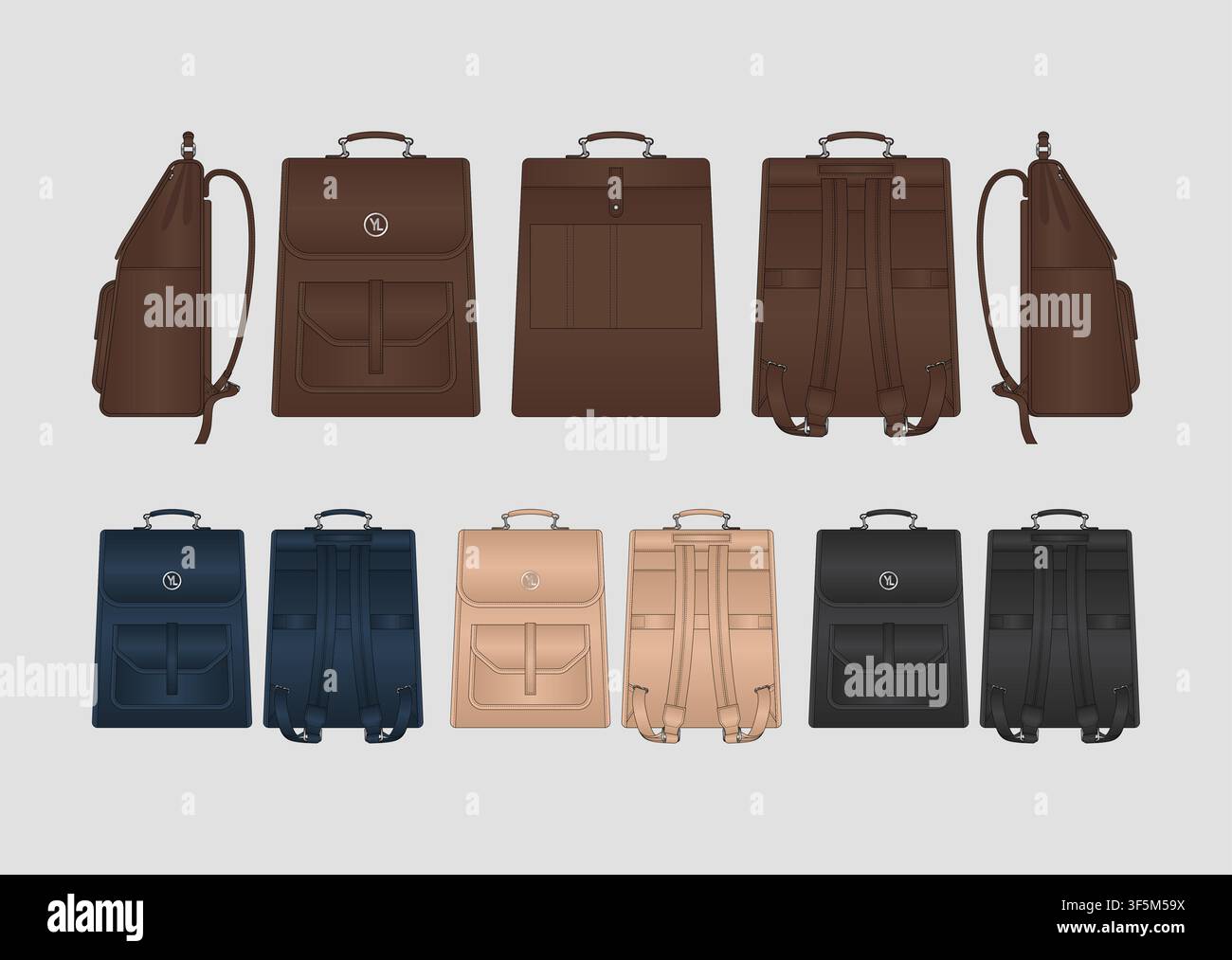 Professional Heritage Leather Backpack Product Mockup Vector Featuring Multi View Technical Drawing Top Closure Adjustable Shoulder Straps Stock Vector