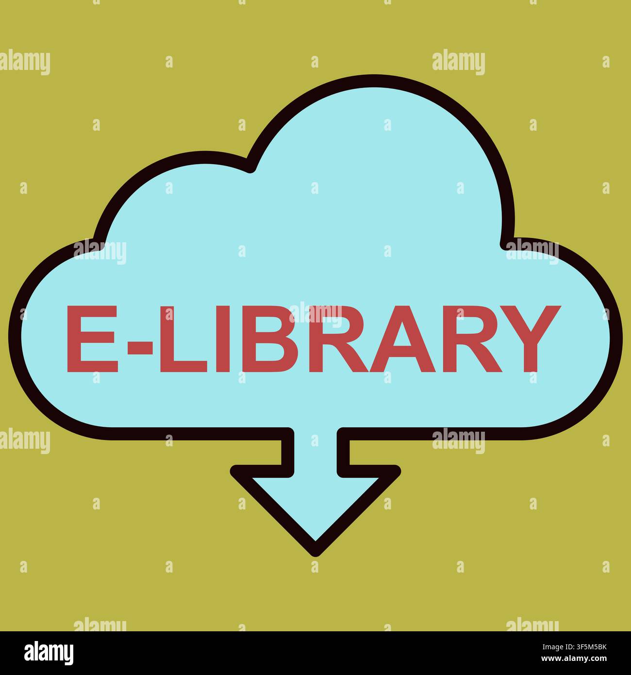 Light blue cloud with bold red text "E-LIBRARY" inside. Black outline frames the cloud shape neatly. Arrow points downward beneath the cloud. Solid mu Stock Vector