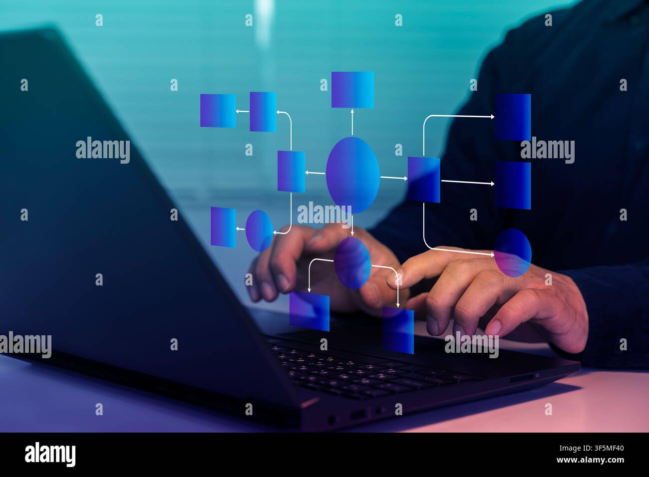 Professional using a laptop with a digital flowchart overlay, representing workflow automation, process mapping, system design, data management, proje Stock Photo