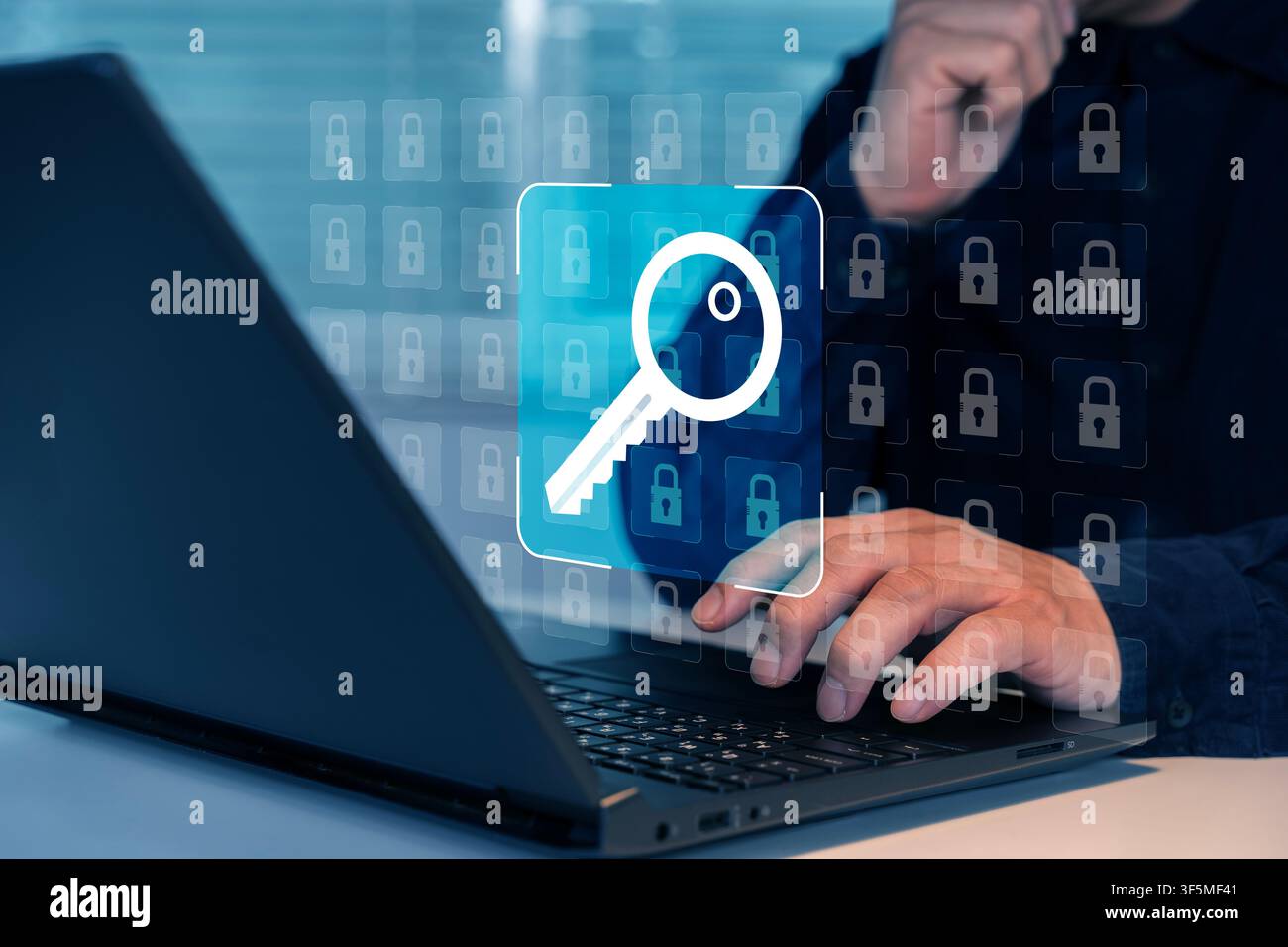 Close-up of a person using a laptop with floating key and padlock icons, illustrating cybersecurity, password protection, data access, authentication, Stock Photo