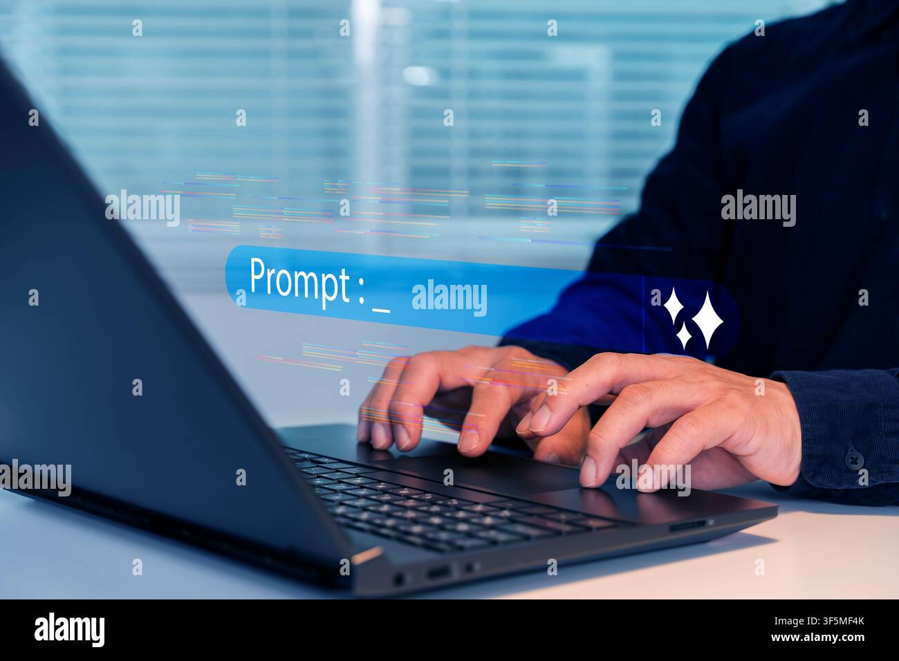 Person typing an AI prompt on a laptop with a glowing code interface, illustrating prompt engineering, generative technology, automation, software dev Stock Photo