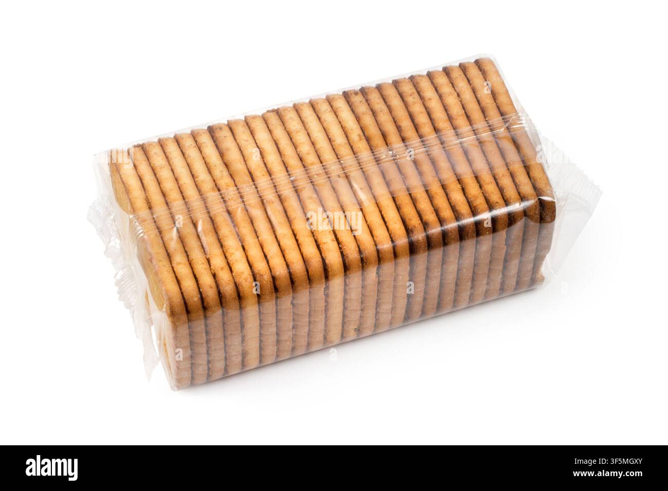 Packaging of biscuits on a white background. Biscuits in transparent plastic packaging. Stock Photo