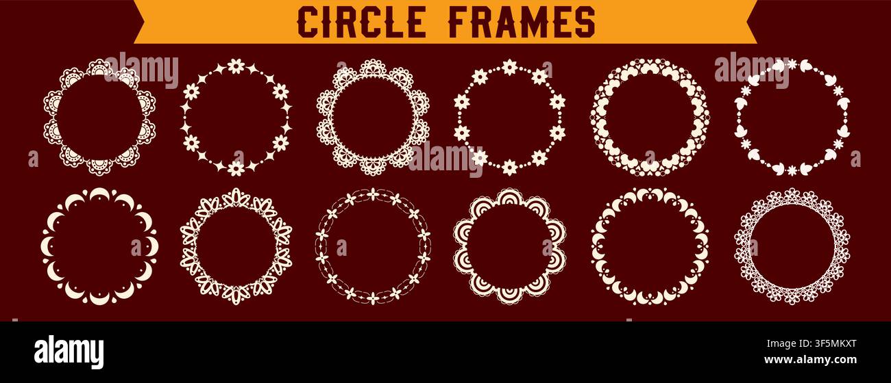 Pack with lace scalloped circle frames on red background. Stock Vector