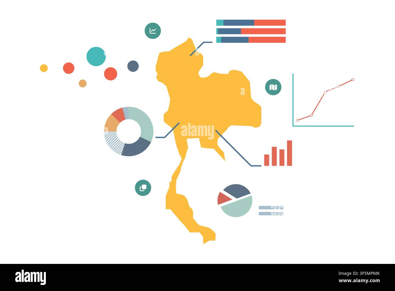 Thailand map with statistic data graphic. Thailand map and pie chart data visualization vector infographics. Vector illustration Stock Vector