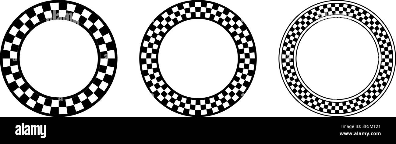 Checkered circle frames set. Circle frame with checkerboard geometric pattern. Round chess border with black and white square pattern. Round race Stock Vector
