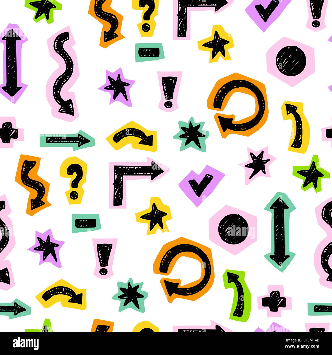 Seamless Pattern Crayon Scrapbook Doodle Sticker. Colorful Scribble Arrow, Question Exclamation Punctuation Mark, Stars on White Background. Vector Il Stock Vector
