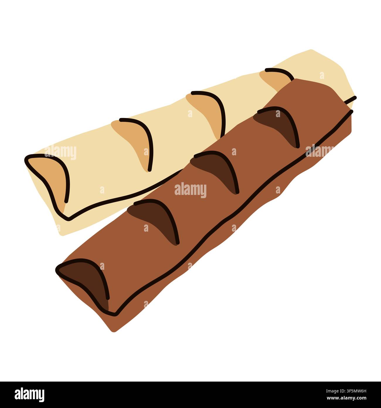 Chocolate bars with cream filling. Vector illustration of milk and white chocolate sticks, crispy waffle rolls, sweet snack isolated on white Stock Vector