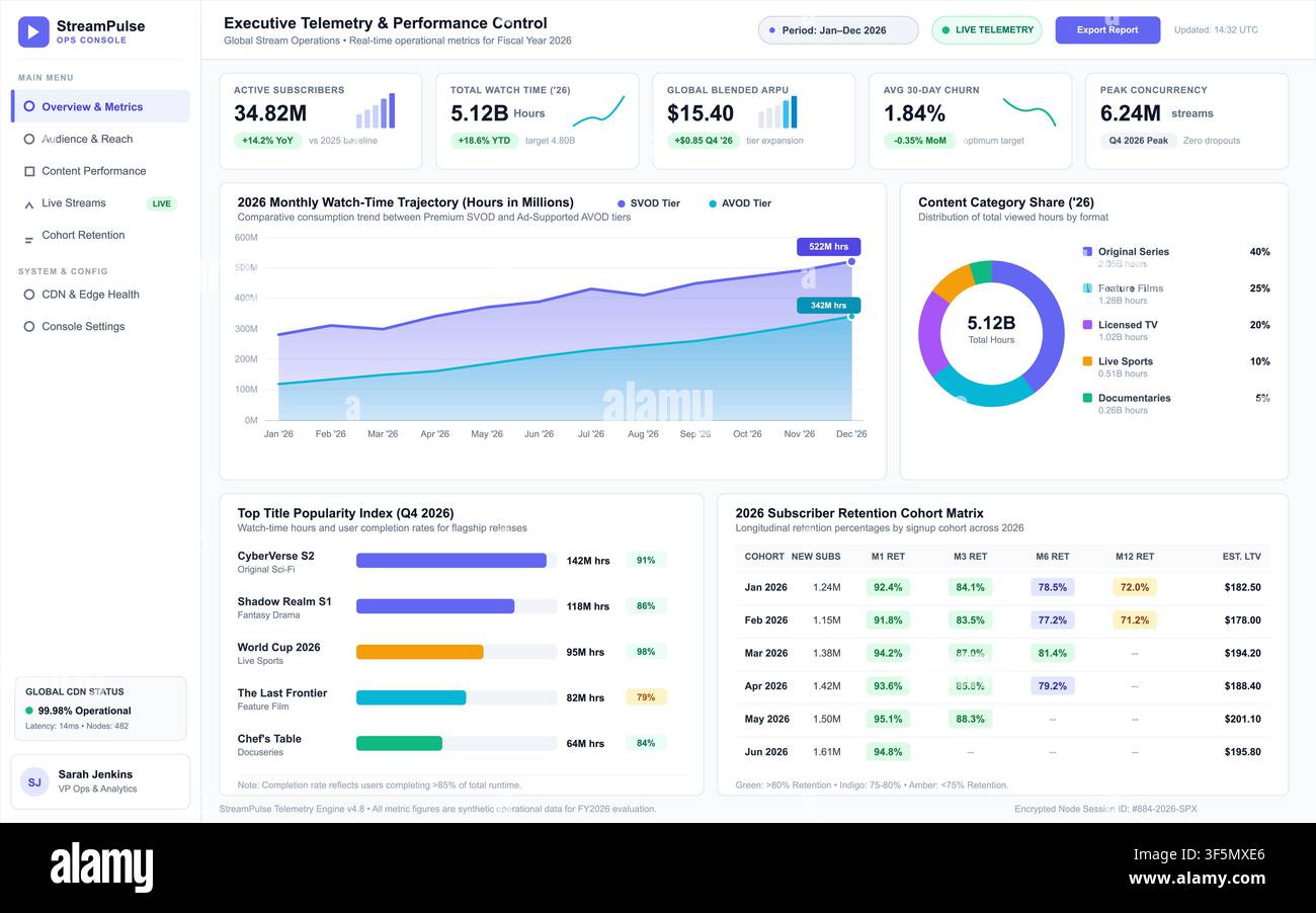 Professional vector interface displaying subscription data, watch time trends, and financial analytics for media platforms. Stock Vector