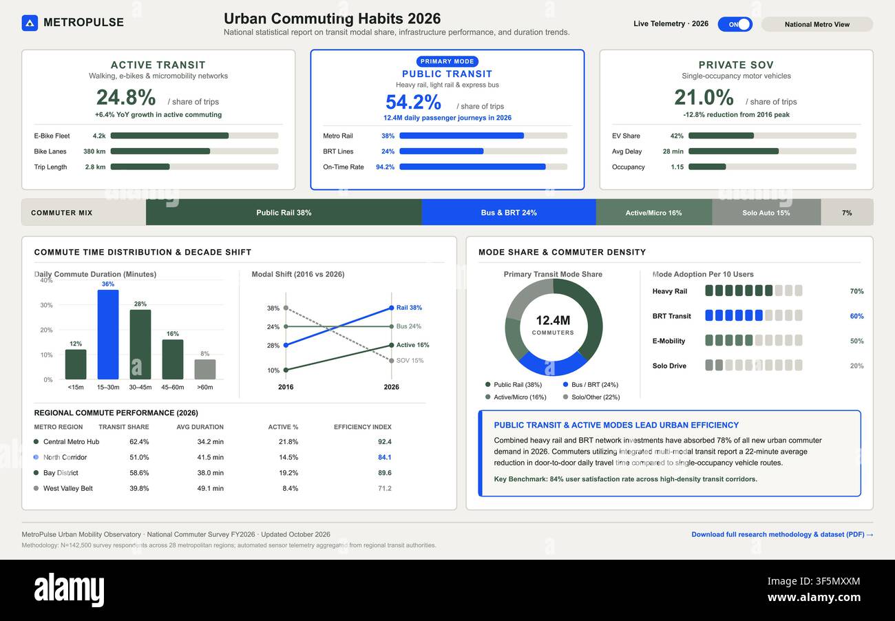 Modern vector dashboard showing urban transportation statistics, modal share, and transit performance data visualization. Stock Vector