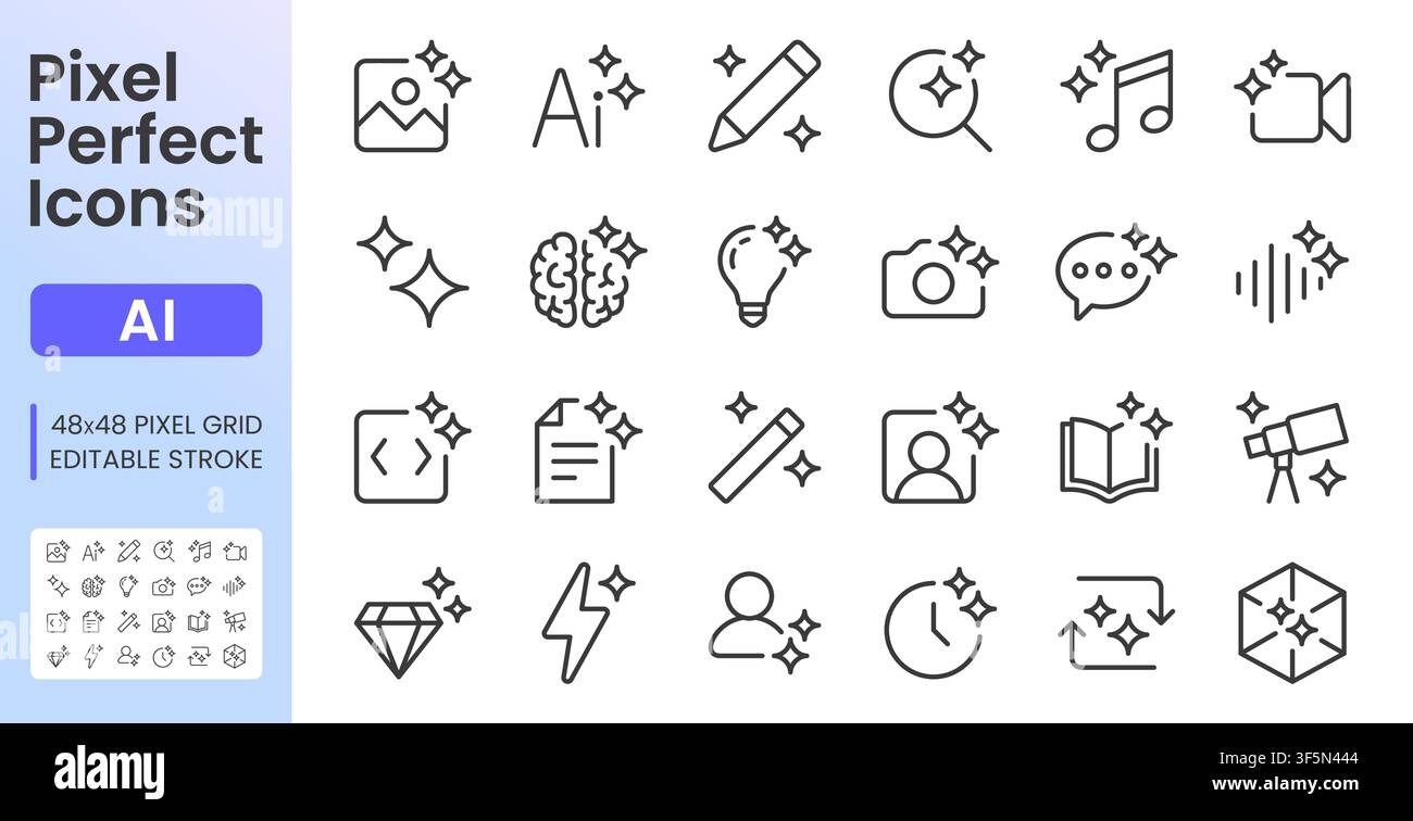 Generative AI Tools line icon set. Image, text, code, music, video, chat bot, 3D generators application linear minimal vector illustration. Simple Stock Vector