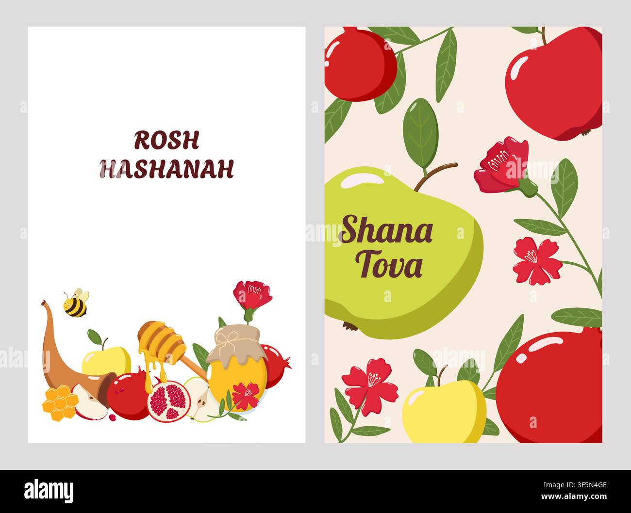Two Rosh Hashanah greeting cards with apples, honey, pomegranates, flowers, and bees, featuring Rosh Hashanah Stock Vector