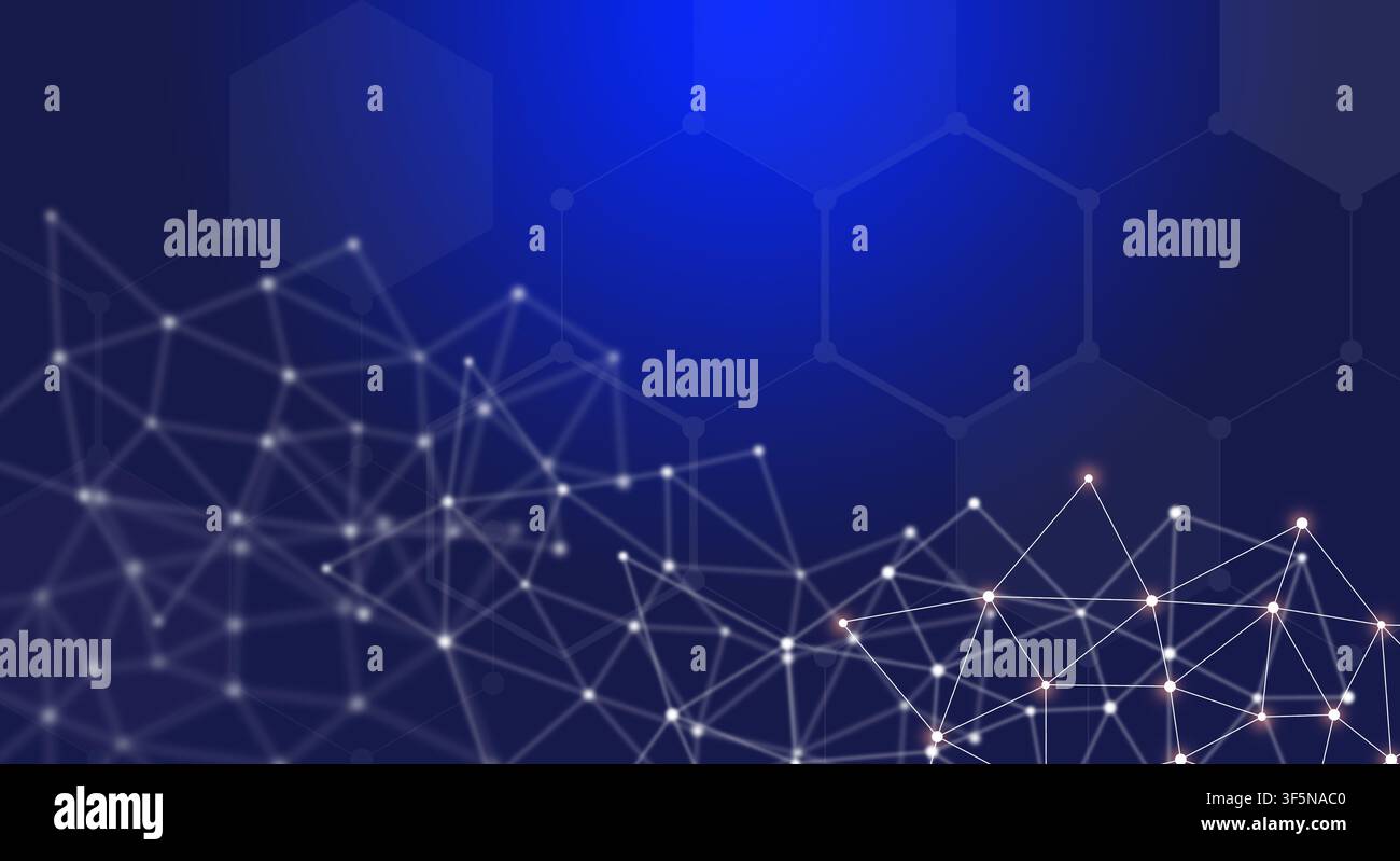 Technology background concept, Abstract connected network on bright blue blurred background. Stock Photo