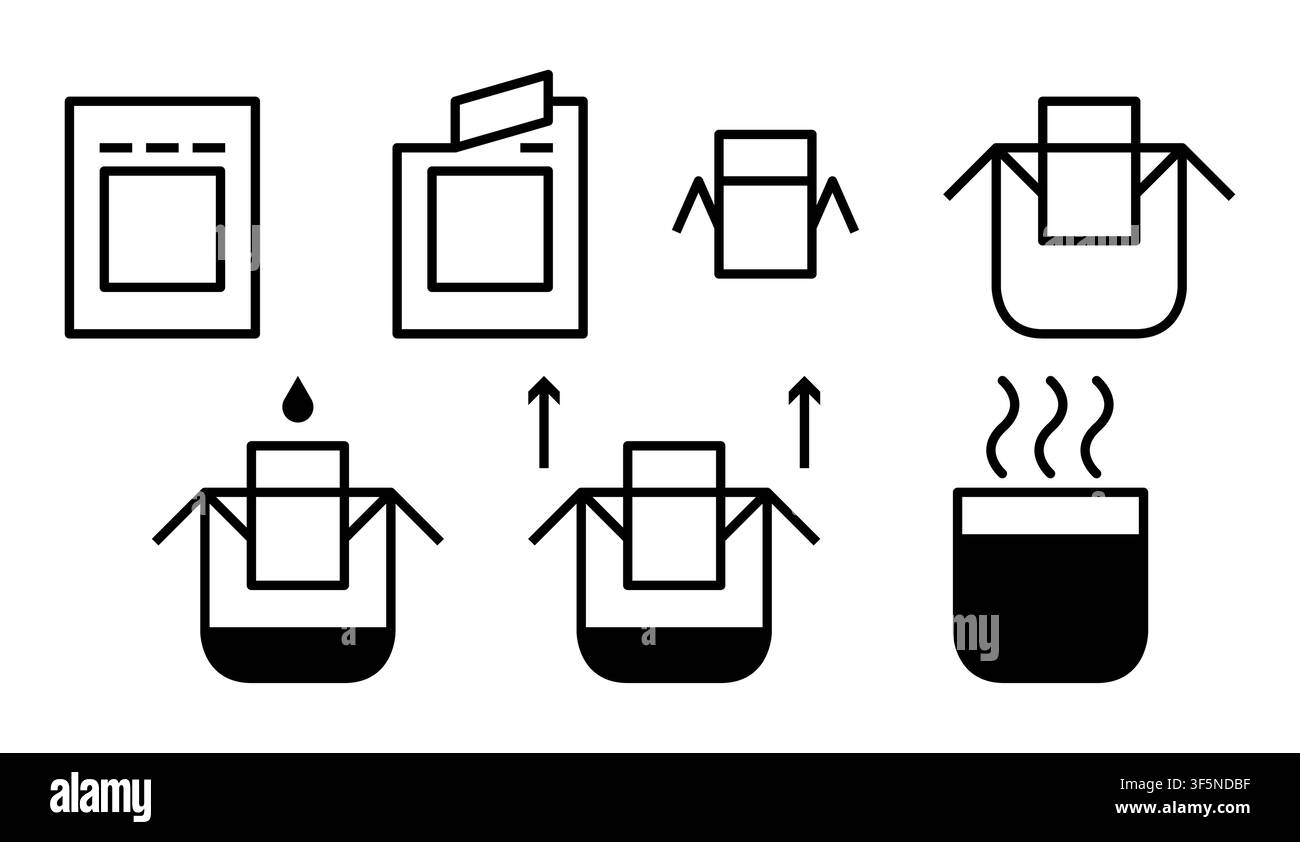 Drip coffee bag brewing instruction icons set Stock Vector
