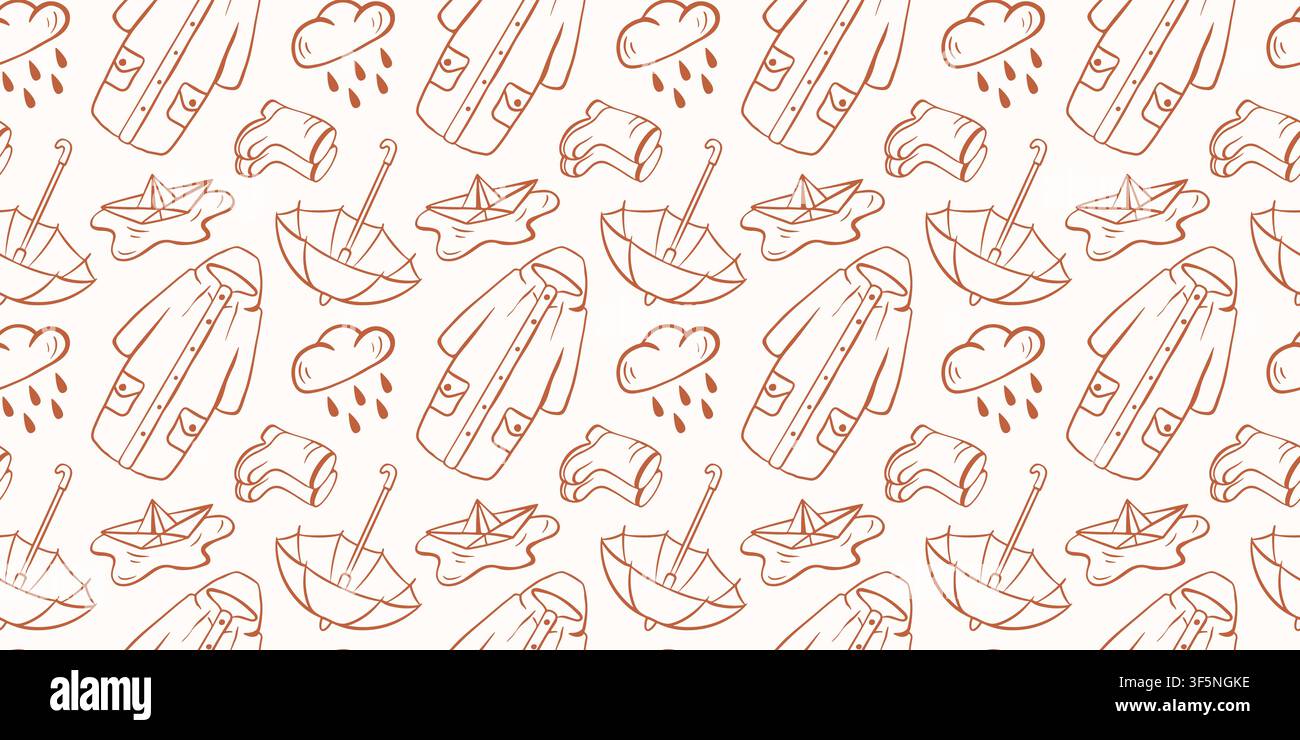 Seamless autumn rain pattern with umbrella, raincoat, boot, cloud and paper boat in line art style. Seasonal weather background. illustration for Stock Vector