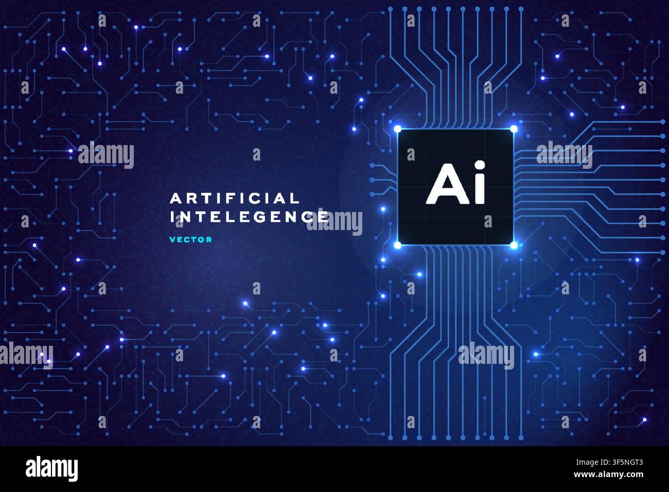 Artificial intelligence chip banner, glowing blue circuit board processor pattern on dark background, futuristic AI tech vector template. Stock Vector