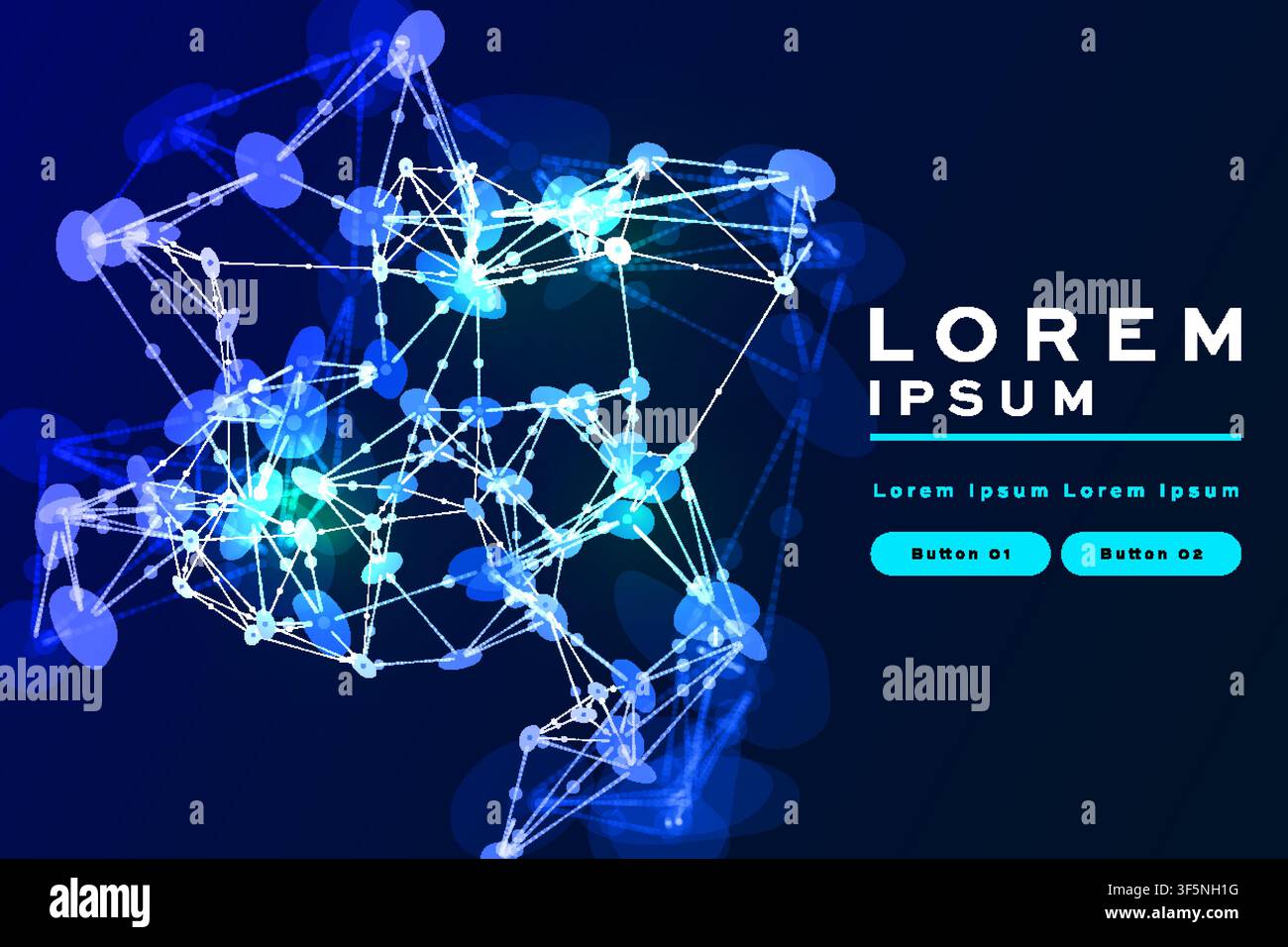 Blue molecular network banner, glowing node connection web plexus pattern on dark background, futuristic tech template with buttons. Stock Vector