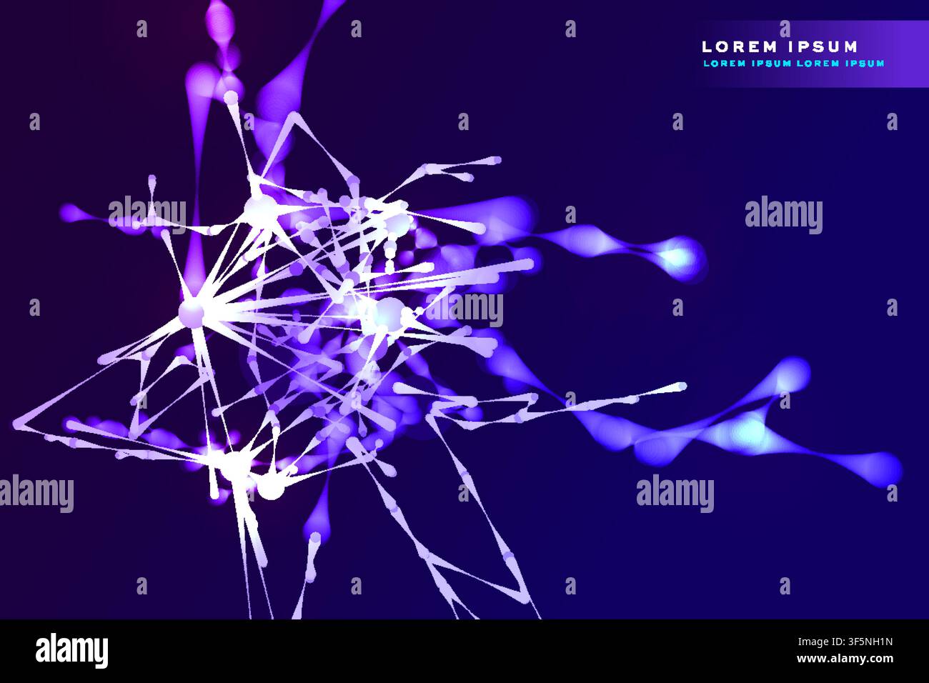 Abstract glowing molecular network background, purple-blue splash node connection pattern on dark, futuristic science tech vector template. Stock Vector