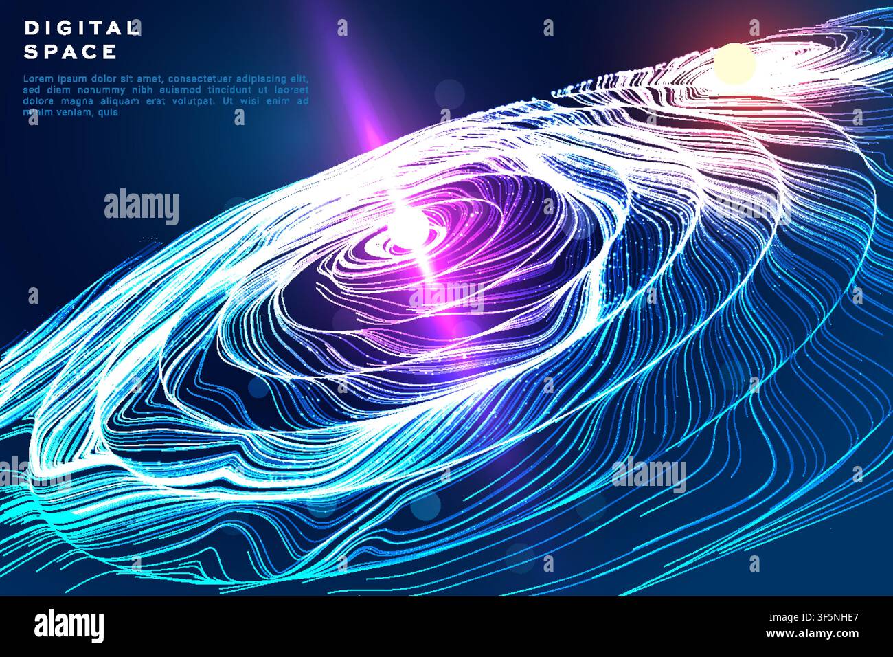 Digital space vortex banner, blue-purple glowing spiral wave lines with light burst on dark background, futuristic tech vector template. Stock Vector