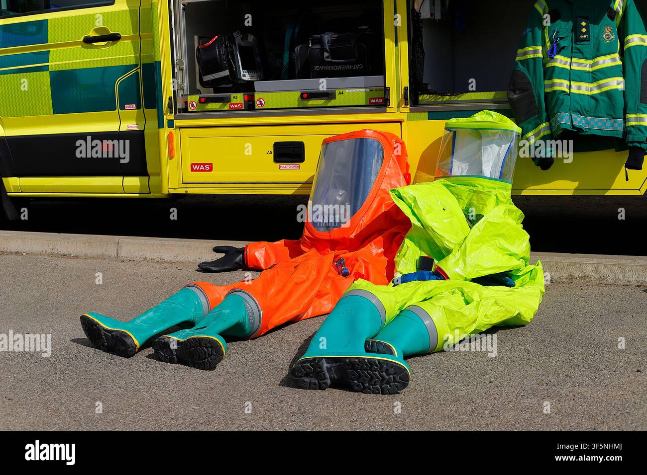 HAZMAT chemical protective suits on display at the Cops & Cars show at The Motorist in Sherburn In-elemt Stock Photo