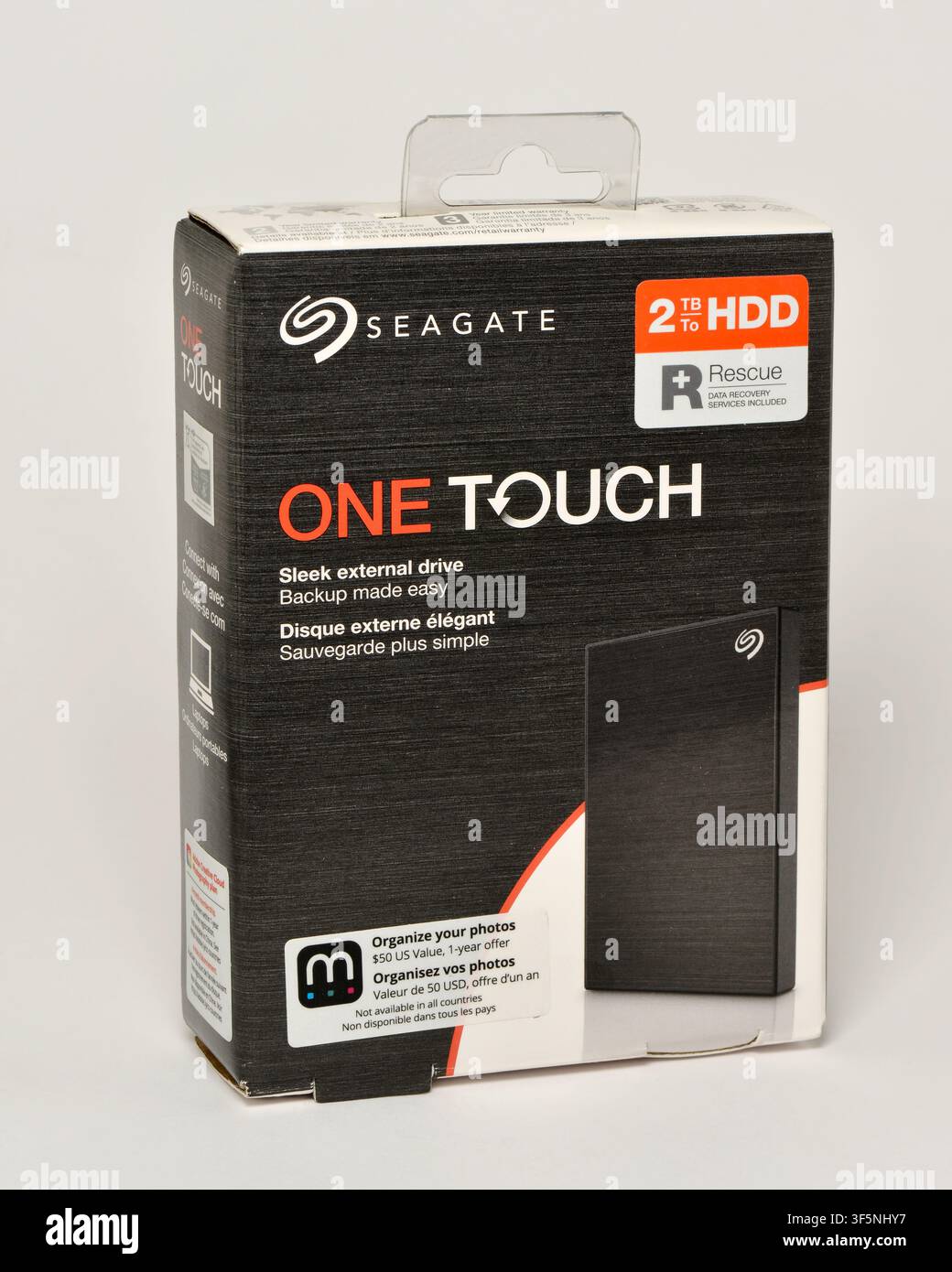 Seagate One Touch 2 TB HDD external drive box packaging on white Stock Photo
