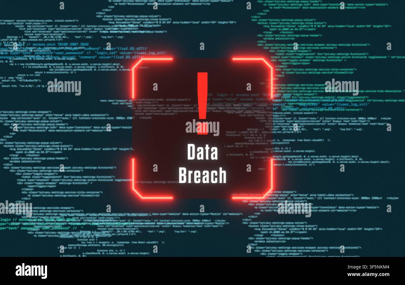 Data breach warning sign on a computer screen, data, code, computer crime, encryption. Data breach warning sign on a computer screen, data, code, comp Stock Photo