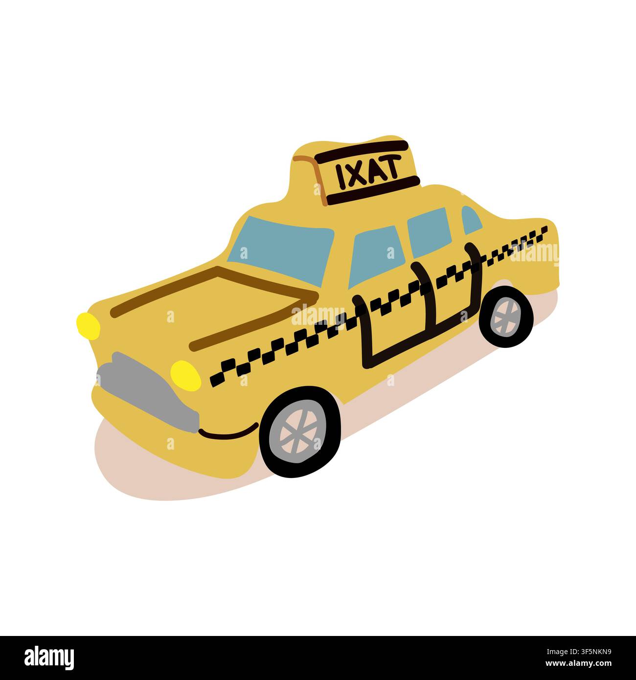Hand drawn flat vector illustration of a yellow taxi cab on a white background. Stock Vector