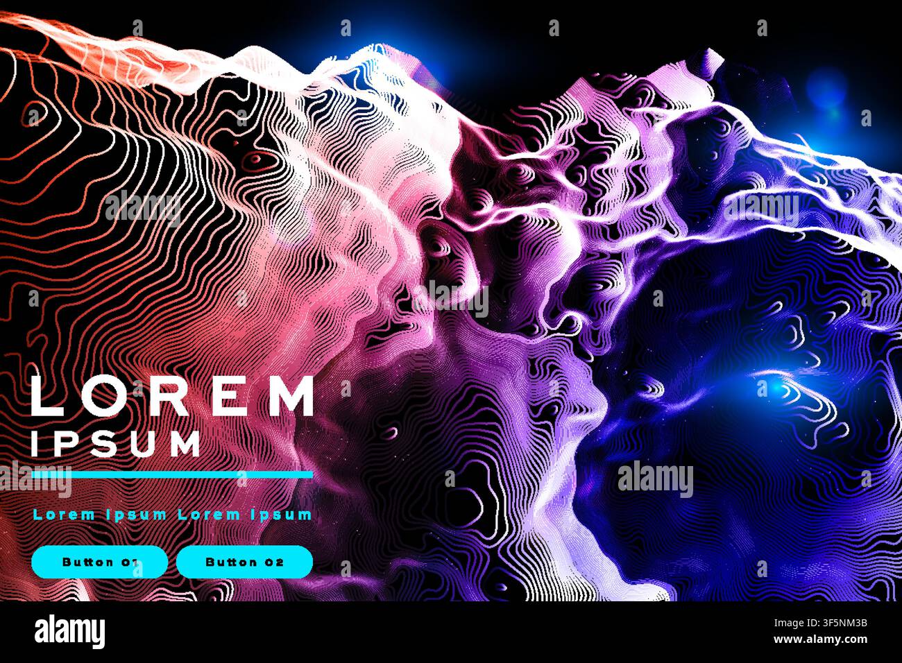 Abstract topographic background with pink blue glowing contour line pattern, futuristic banner template design Stock Vector